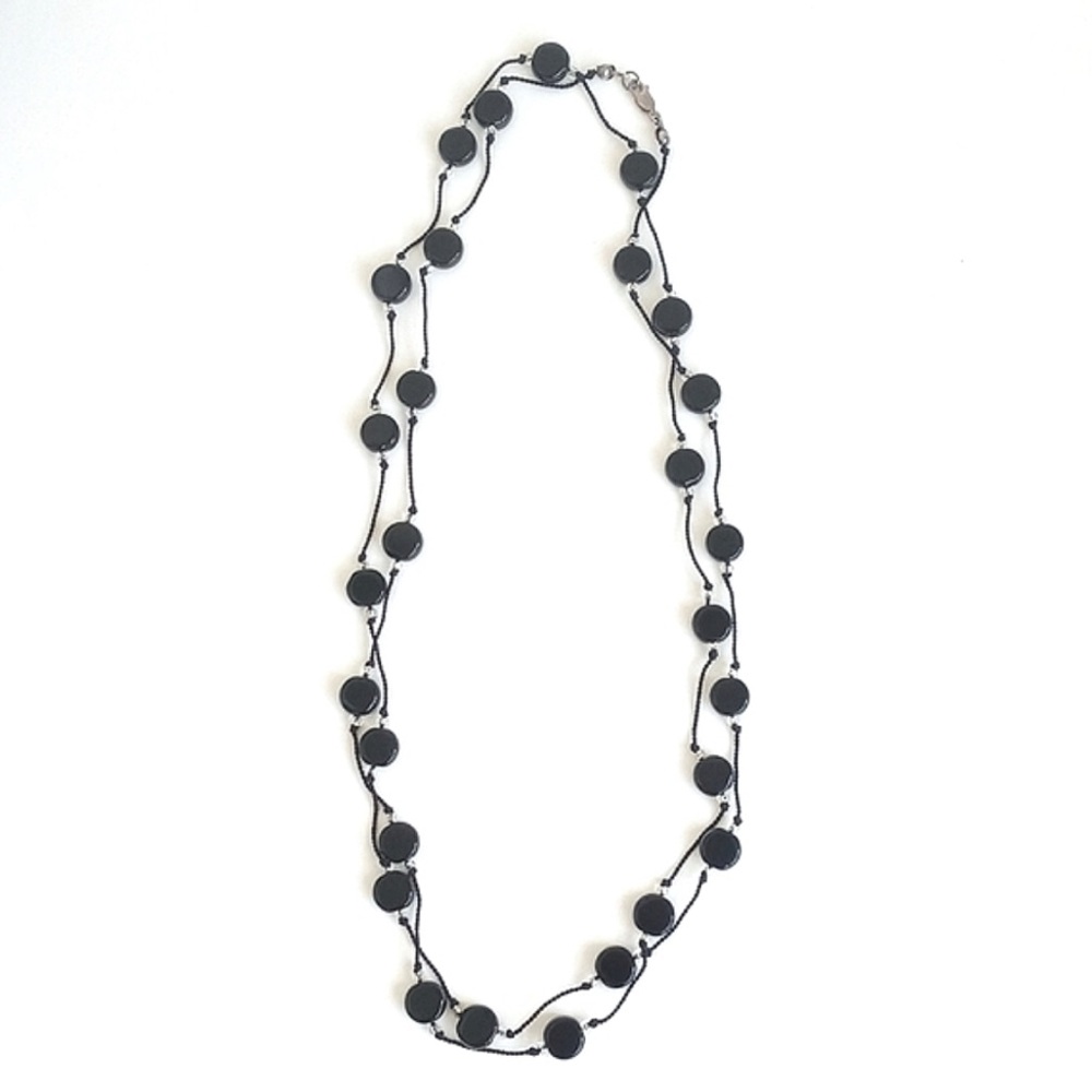Vintage Art Deco Style Black & Clear Glass Beaded Necklace 22 1/2” Length